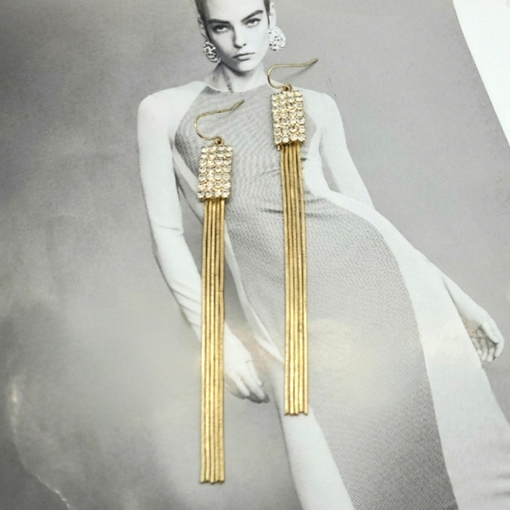 Vintage Chic Crystal Pave Set Gold Long Slinky Earrings